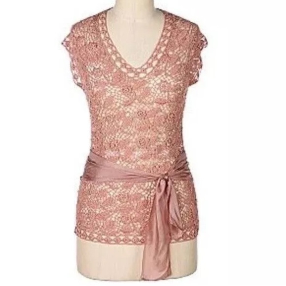 Anthropologie Linen Delicate Crochet‎ "Winter Rose Pullover" Top